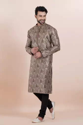 Brown color jacquard silk premium designer festive wear kurta pyjama set