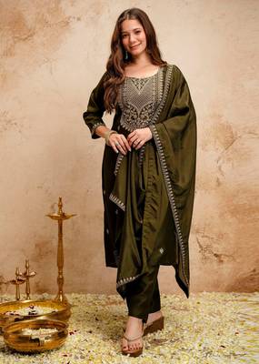 Mahendi color chanderi viscose embroidery graceful kurta set for party looks 1