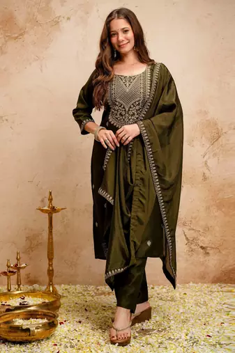 Mahendi color chanderi viscose fabric designer embroidery work graceful girlie kurta set for party looks
