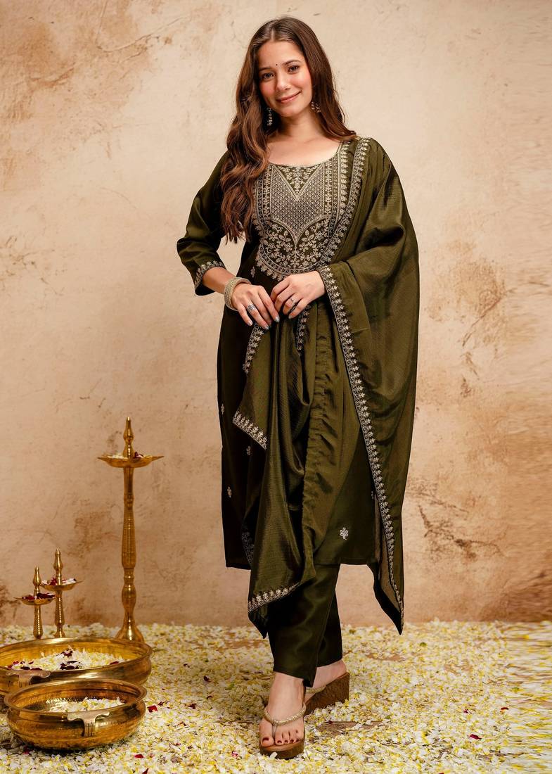 Mahendi color chanderi viscose fabric designer embroidery work graceful girlie kurta set for party looks