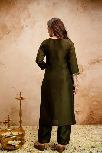 Mahendi color chanderi viscose embroidery graceful kurta set for party looks