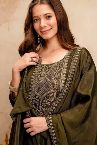 Mahendi color chanderi viscose embroidery graceful kurta set for party looks