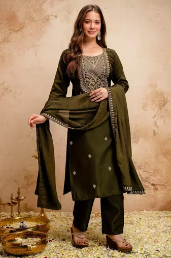 Mahendi color chanderi viscose embroidery graceful kurta set for party looks