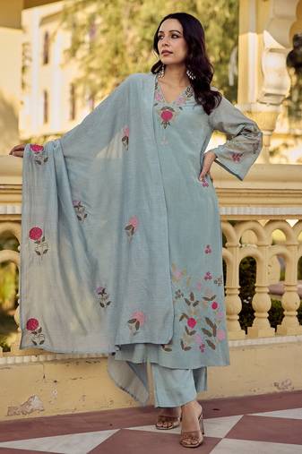 Sky blue color chanderi  fabric designer embroidery work graceful girlie kurta set for party looks