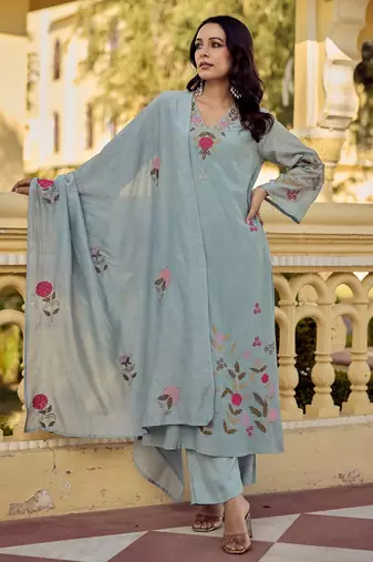 Sky blue color chanderi  fabric designer embroidery work graceful girlie kurta set for party looks