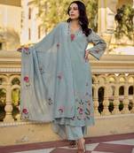 Sky blue color chanderi  fabric designer embroidery work graceful girlie kurta set for party looks