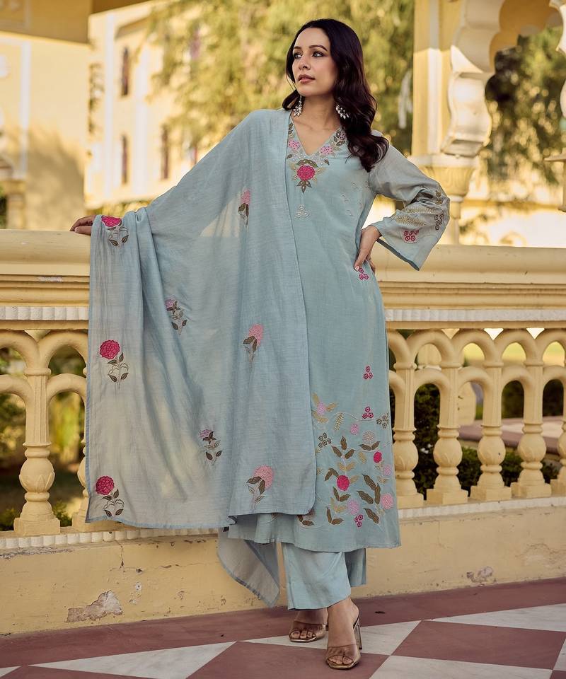 Sky blue color chanderi  fabric designer embroidery work graceful girlie kurta set for party looks