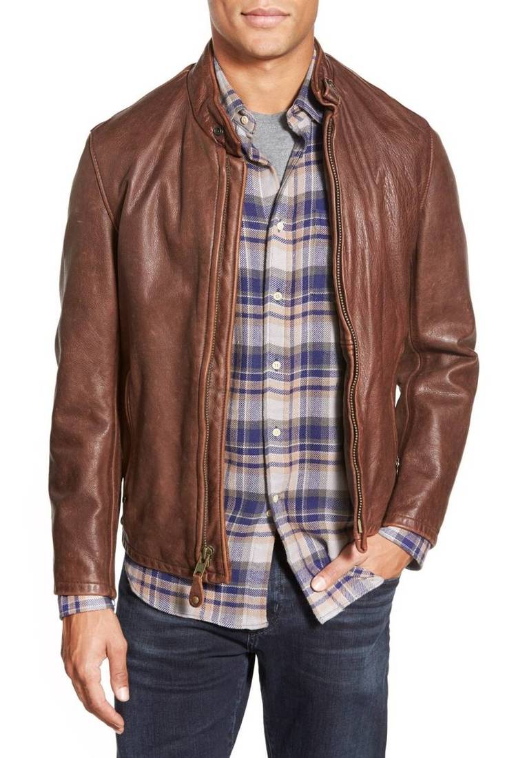 Men's genuine lambskin leather jacket brown motorcycle biker racer style jacket-cl-m32