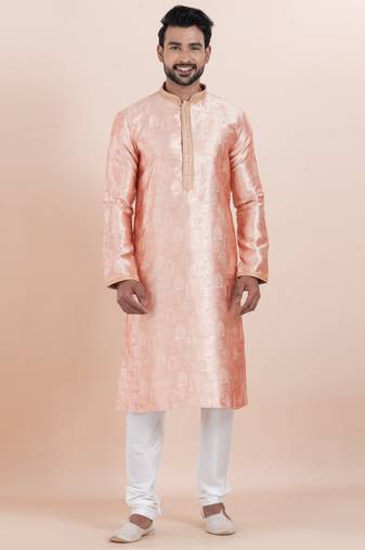 Peach color jacquard silk premium designer festive wear kurta pyjama set
