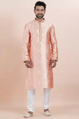 Peach color jacquard silk premium designer festive wear kurta pyjama set