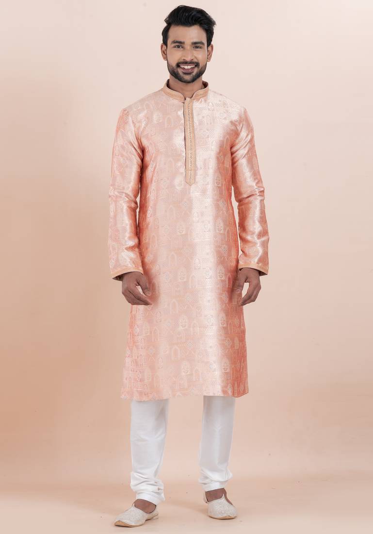 Peach color jacquard silk premium designer festive wear kurta pyjama set