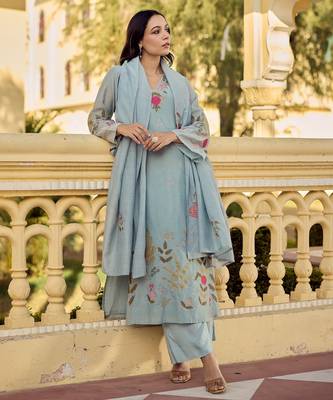 Sky blue color chanderi embroidery graceful kurta set for party looks 3