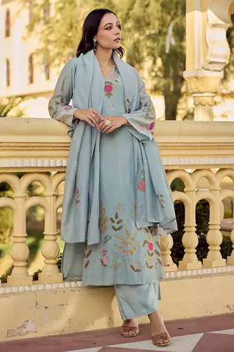 Sky blue color chanderi embroidery graceful kurta set for party looks