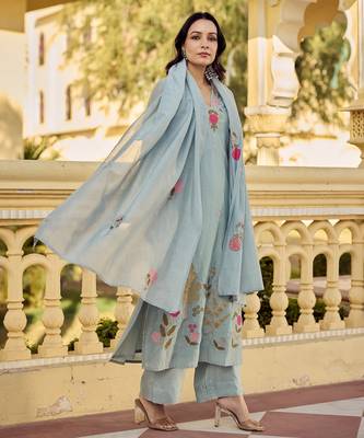 Sky blue color chanderi embroidery graceful kurta set for party looks 4