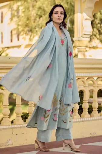 Sky blue color chanderi embroidery graceful kurta set for party looks