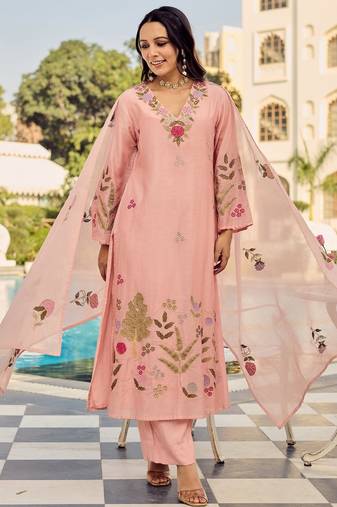 Peach color chanderi  fabric designer embroidery work graceful girlie kurta set for party looks