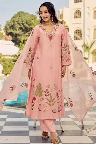 Peach color chanderi  fabric designer embroidery work graceful girlie kurta set for party looks