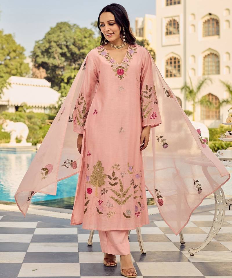 Peach color chanderi  fabric designer embroidery work graceful girlie kurta set for party looks