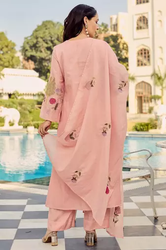 Peach color chanderi embroidery graceful kurta set for party looks