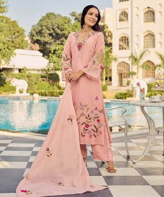 Peach color chanderi embroidery graceful kurta set for party looks 3