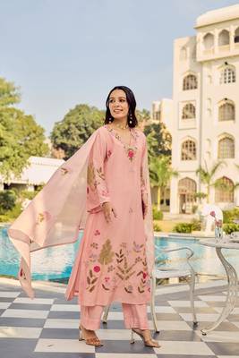Peach color chanderi embroidery graceful kurta set for party looks 4