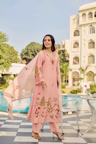 Peach color chanderi embroidery graceful kurta set for party looks