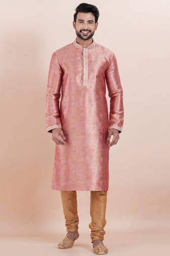 Pink color jacquard silk premium designer festive wear kurta pyjama set