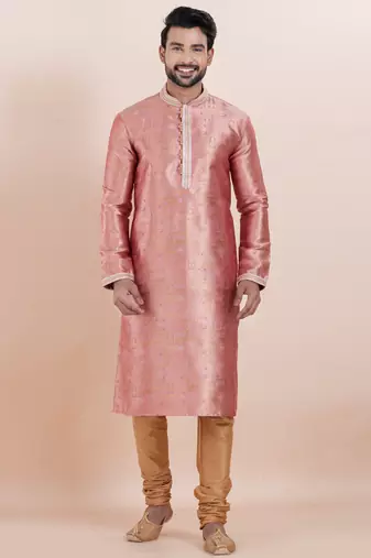 Pink color jacquard silk premium designer festive wear kurta pyjama set