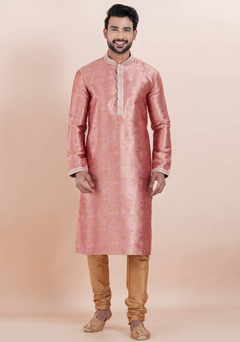 Pink color jacquard silk premium designer festive wear kurta pyjama set