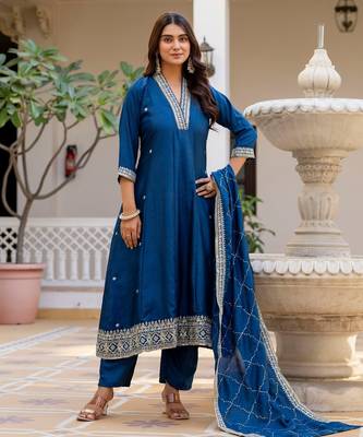 Blue color vichitra silk embroidery graceful kurta set for party looks 1
