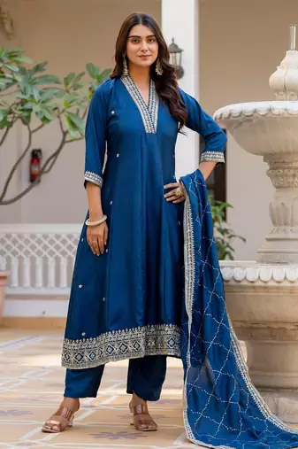 Blue color vichitra silk fabric designer embroidery work graceful girlie kurta set for party looks