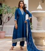 Blue color vichitra silk fabric designer embroidery work graceful girlie kurta set for party looks