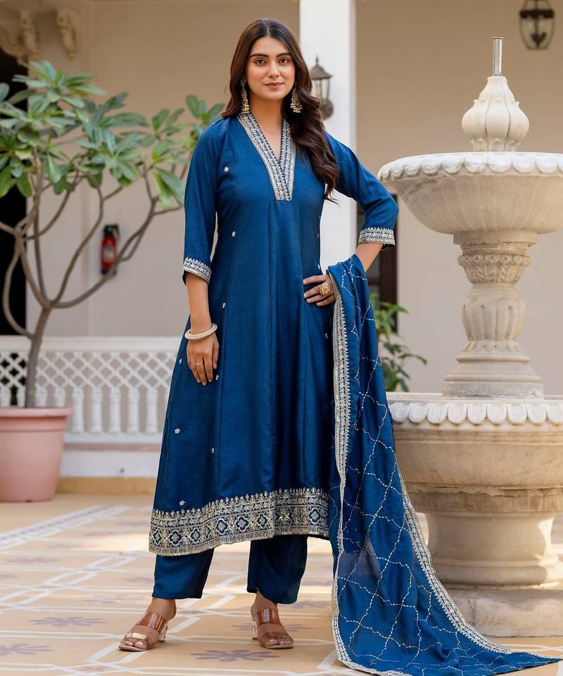Blue color vichitra silk fabric designer embroidery work graceful girlie kurta set for party looks