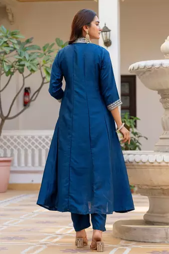 Blue color vichitra silk embroidery graceful kurta set for party looks