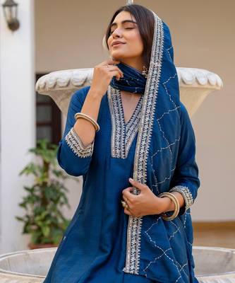 Blue color vichitra silk embroidery graceful kurta set for party looks 3