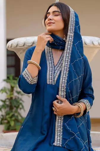 Blue color vichitra silk embroidery graceful kurta set for party looks