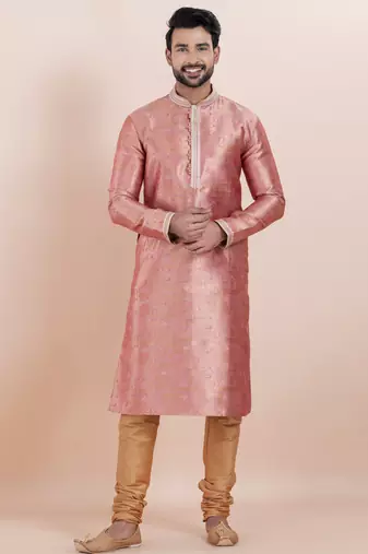 Pink color jacquard silk premium designer festive wear kurta pyjama set
