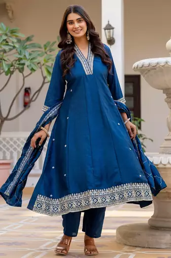 Blue color vichitra silk embroidery graceful kurta set for party looks