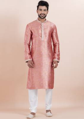 Pink color jacquard silk premium designer festive wear kurta pyjama set 1