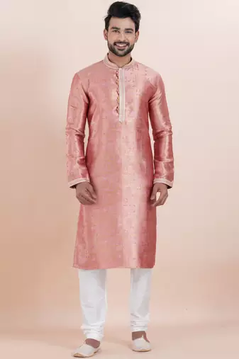 Pink color jacquard silk premium designer festive wear kurta pyjama set