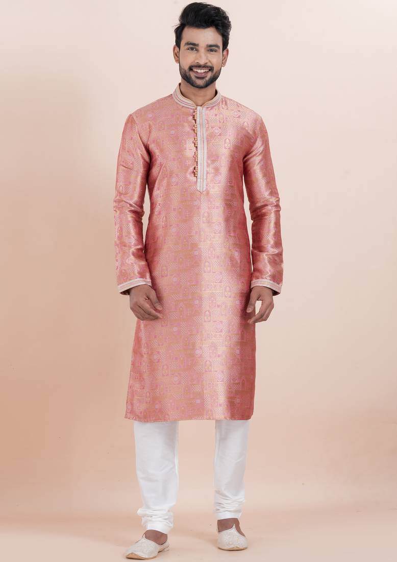 Pink color jacquard silk premium designer festive wear kurta pyjama set