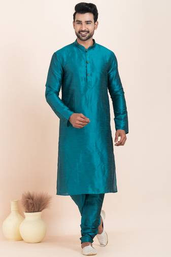 Teal blue banarsi dhupion  silk premium designer festive wear kurta pyjama set