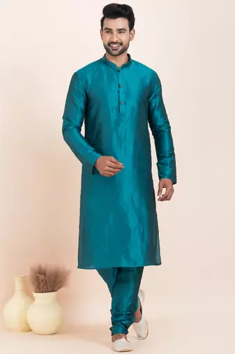 Teal blue banarsi dhupion  silk premium designer festive wear kurta pyjama set