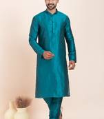 Teal blue banarsi dhupion  silk premium designer festive wear kurta pyjama set