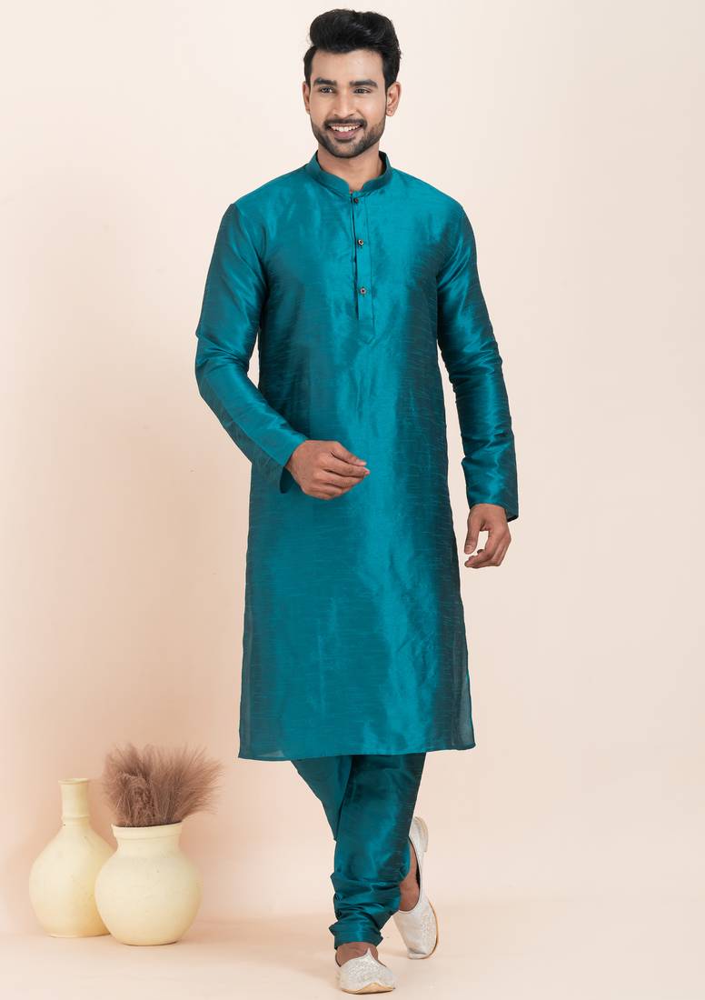 Teal blue banarsi dhupion  silk premium designer festive wear kurta pyjama set