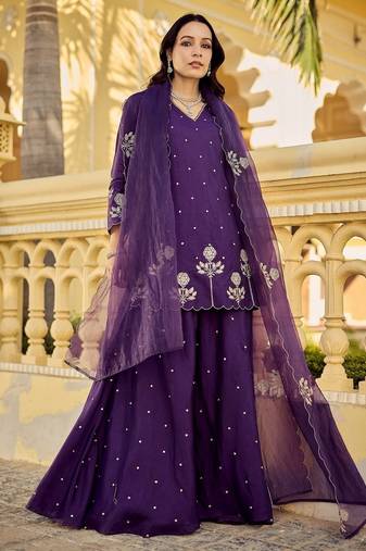 Purple color chandri fabric designer embroidery work graceful girlie kurta set for party looks