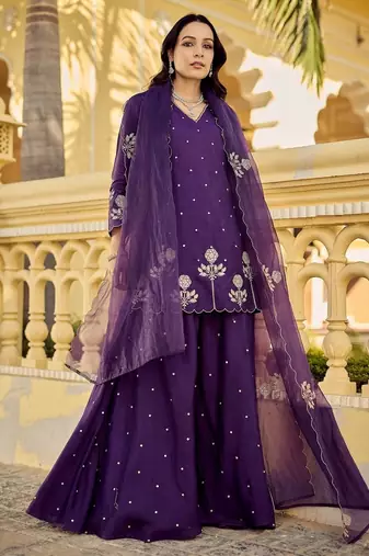 Purple color chandri fabric designer embroidery work graceful girlie kurta set for party looks