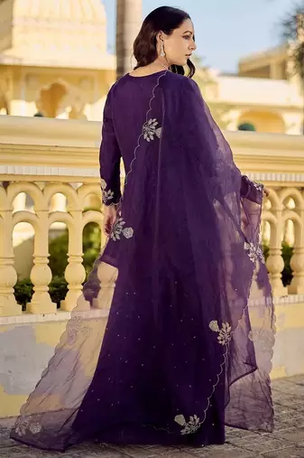 Purple color chandri embroidery graceful kurta set for party looks