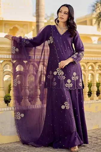Purple color chandri embroidery graceful kurta set for party looks