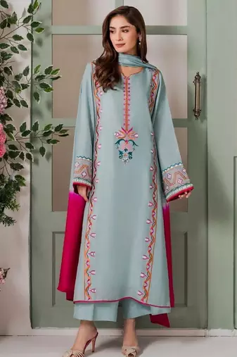 Sky blue color french crepe fabric designer embroidery work graceful girlie kurta set for party looks